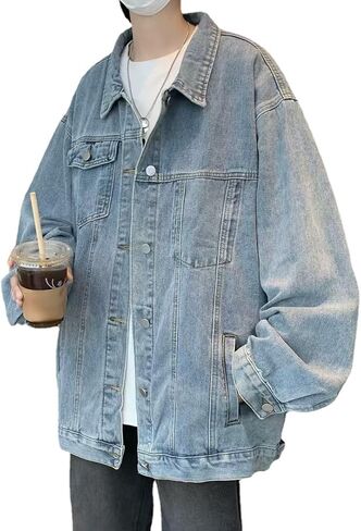 Mens Oversized Denim Jacket Fashion Boyfriend Distresse Jean Jacket Y2K Jeans Coat Fairy Grunge Clothes in Saudi Arabia