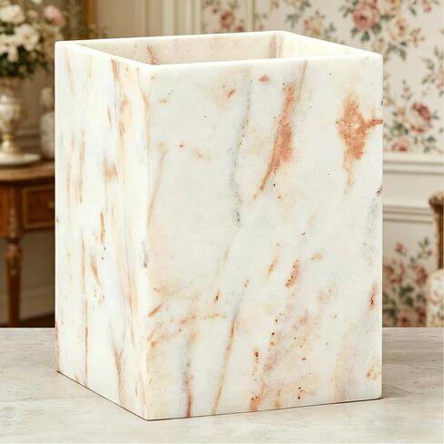 Small Marble Rectangular Trash Can, 1.9 Gallon/7.2 Liter Garbage Bin, Decorative White Gold Marble Wastebasket Mini, Tiny Waste Basket for Bathroom, Bedroom, Home Office, Laundry Room, Kitchen in Kuwait