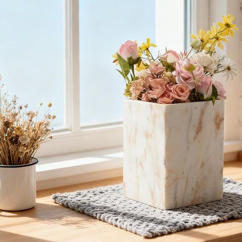 Small Marble Rectangular Trash Can, 1.9 Gallon/7.2 Liter Garbage Bin, Decorative White Gold Marble Wastebasket Mini, Tiny Waste Basket for Bathroom, Bedroom, Home Office, Laundry Room, Kitchen in Kuwait