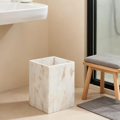 Small Marble Rectangular Trash Can, 1.9 Gallon/7.2 Liter Garbage Bin, Decorative White Gold Marble Wastebasket Mini, Tiny Waste Basket for Bathroom, Bedroom, Home Office, Laundry Room, Kitchen in Kuwait
