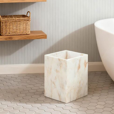 Small Marble Rectangular Trash Can, 1.9 Gallon/7.2 Liter Garbage Bin, Decorative White Gold Marble Wastebasket Mini, Tiny Waste Basket for Bathroom, Bedroom, Home Office, Laundry Room, Kitchen in Kuwait