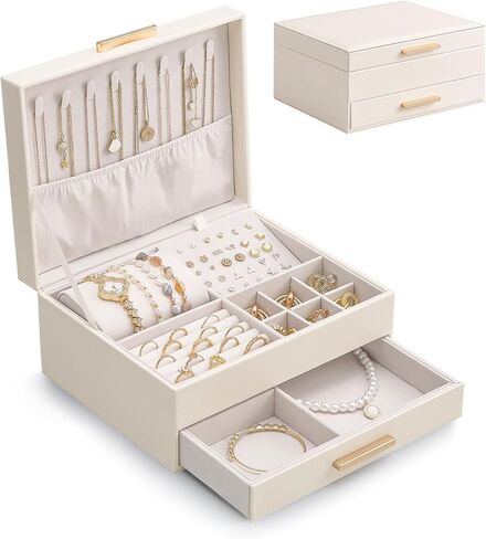 Lolalet 2-Layer Jewelry Box Organizer for Women Girls, Jewelry Storage Case Holder with Drawers for Necklaces Ring Earrings Bracelet Watch, Gifts Choice for Mom Mother’s Day -Beige in Kuwait