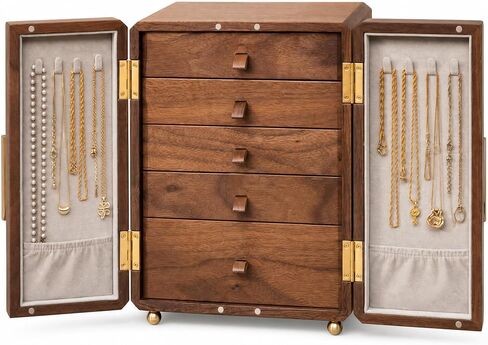 GuaziV Wooden Jewelry Organizer for Women, 360° Rotating Jewelry Box with 4 Drawers, Necklace & Ring Holder, Tangle-Free Jewelry Storage Cabinet for Vanity and Bedroom in Saudi Arabia