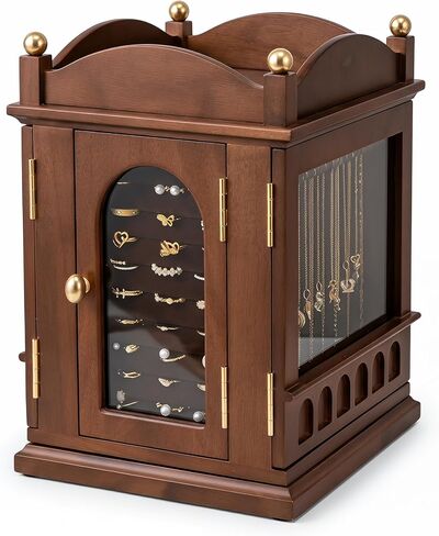 GuaziV Wooden Jewelry Organizer for Women, 360° Rotating Jewelry Box with 4 Drawers, Necklace & Ring Holder, Tangle-Free Jewelry Storage Cabinet for Vanity and Bedroom in Saudi Arabia