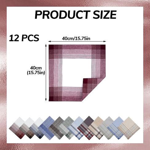 12Pcs Men's Handkerchiefs 100% Soft Cotton Handkerchief with Check, Classic Reusable Pocket Handkerchiefs for Men (16x16 Inch) in Saudi Arabia