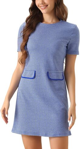 Allegra K Work Dress for Women Short Sleeve Crew Neck Vintage Houndstooth Plaid Dresses in Kuwait