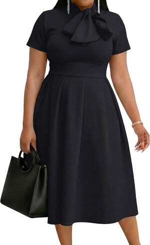FANDEE Midi Dress for Women Casual Short Sleeve A-line Semi Formal Fit and Flare Dress Classy Tie Neck Work Business Dresses in Kuwait