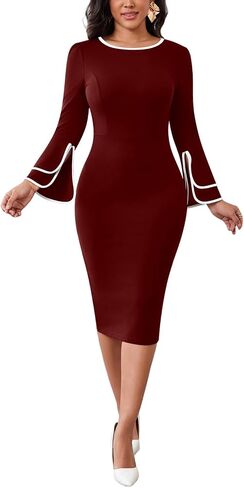 Women's Casual Bell Long Sleeve Bodycon Midi Dress Crew Neck Vintage Church Work Cocktail Party Business Wrap Dresses in Saudi Arabia