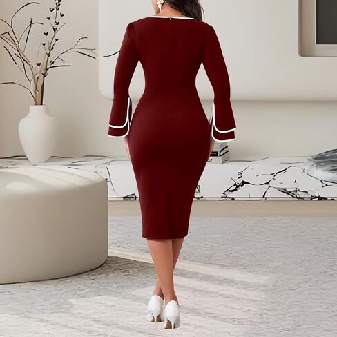 Women's Casual Bell Long Sleeve Bodycon Midi Dress Crew Neck Vintage Church Work Cocktail Party Business Wrap Dresses in Saudi Arabia