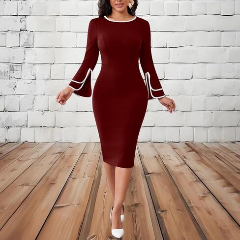 Women's Casual Bell Long Sleeve Bodycon Midi Dress Crew Neck Vintage Church Work Cocktail Party Business Wrap Dresses in Saudi Arabia