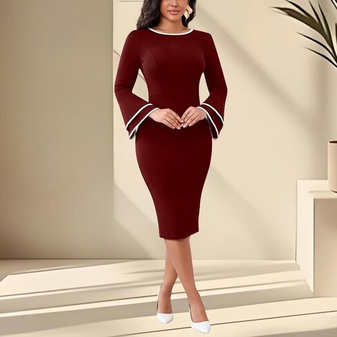 Women's Casual Bell Long Sleeve Bodycon Midi Dress Crew Neck Vintage Church Work Cocktail Party Business Wrap Dresses in Saudi Arabia
