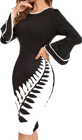 Women's Casual Bell Long Sleeve Bodycon Midi Dress Crew Neck Vintage Church Work Cocktail Party Business Wrap Dresses in Saudi Arabia