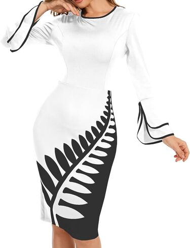 Women's Casual Bell Long Sleeve Bodycon Midi Dress Crew Neck Vintage Church Work Cocktail Party Business Wrap Dresses in Saudi Arabia