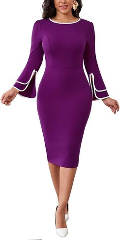 Women's Casual Bell Long Sleeve Bodycon Midi Dress Crew Neck Vintage Church Work Cocktail Party Business Wrap Dresses in Saudi Arabia