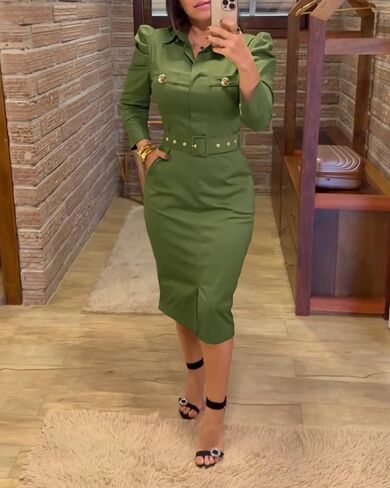 Womens Ruched Puff Sleeve Belted Midi Dress with Pockets Turn-Down Collar Front Slit Button Decor Work Office Wear in Kuwait