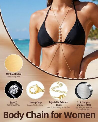 5A Cubic Zirconia Hypoallergenic Waterproof 18K Gold Body Chain: Dainty 316L Surgical Stainless Steel Jewelry for Women Fashion, Trendy Belly Waist Chain for Chest Stomach Hip Bikini Belt in Saudi Arabia