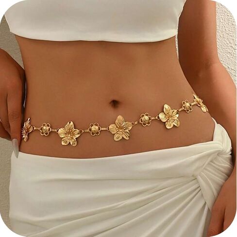 TEBIEKOY Flower Charm Waist Chain for Women, Gold Belly Chain Body Jewelry for Beach, Summer Dresses & Vacation Outfits in Kuwait