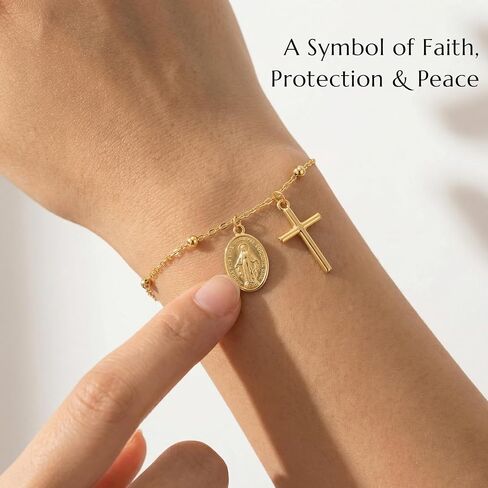 NORBU 925 Sterling Silver 18K Gold Plated Cross Bracelet for Women, Miraculous Medal & Pearl Rosary Bead Link Chain Bracelet for Women, Religious Catholic Jewelry Gift for Her, Adjustable Chain in Saudi Arabia