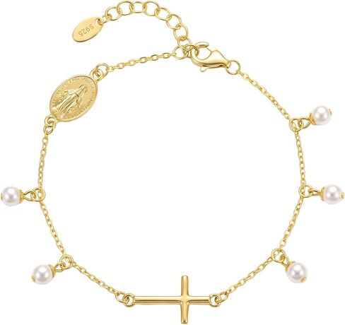 NORBU 925 Sterling Silver 18K Gold Plated Cross Bracelet for Women, Miraculous Medal & Pearl Rosary Bead Link Chain Bracelet for Women, Religious Catholic Jewelry Gift for Her, Adjustable Chain in Saudi Arabia