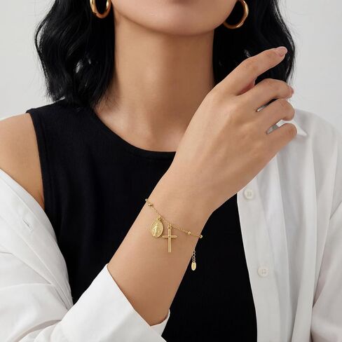 NORBU 925 Sterling Silver 18K Gold Plated Cross Bracelet for Women, Miraculous Medal & Pearl Rosary Bead Link Chain Bracelet for Women, Religious Catholic Jewelry Gift for Her, Adjustable Chain in Saudi Arabia