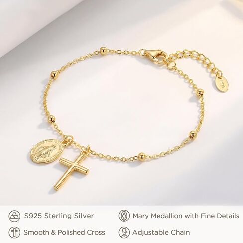 NORBU 925 Sterling Silver 18K Gold Plated Cross Bracelet for Women, Miraculous Medal & Pearl Rosary Bead Link Chain Bracelet for Women, Religious Catholic Jewelry Gift for Her, Adjustable Chain in Saudi Arabia