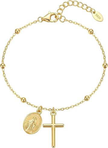 NORBU 925 Sterling Silver 18K Gold Plated Cross Bracelet for Women, Miraculous Medal & Pearl Rosary Bead Link Chain Bracelet for Women, Religious Catholic Jewelry Gift for Her, Adjustable Chain in Saudi Arabia