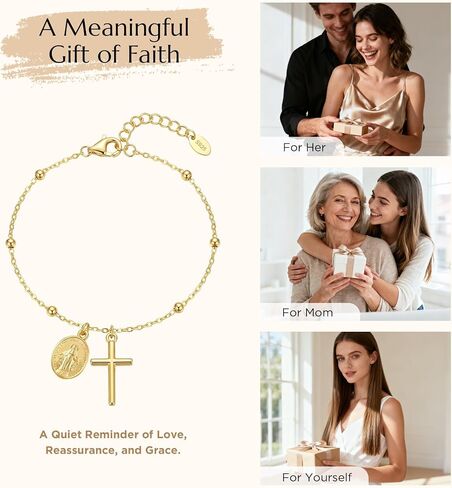 NORBU 925 Sterling Silver 18K Gold Plated Cross Bracelet for Women, Miraculous Medal & Pearl Rosary Bead Link Chain Bracelet for Women, Religious Catholic Jewelry Gift for Her, Adjustable Chain in Saudi Arabia