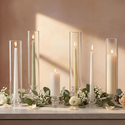 Hurricane Glass Candle Holders - Set of 20 Candlestick Holders for Taper Candles, Clear Candle Holder Bulk with 12" Tall Windproof Cylinder Cover for Festival Wedding Table Centerpiece Party Decor in Saudi Arabia