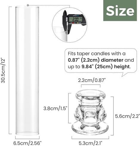 Hurricane Glass Candle Holders - Set of 20 Candlestick Holders for Taper Candles, Clear Candle Holder Bulk with 12" Tall Windproof Cylinder Cover for Festival Wedding Table Centerpiece Party Decor in Saudi Arabia