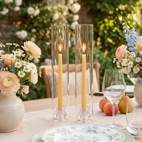 Hurricane Glass Candle Holders - Set of 20 Candlestick Holders for Taper Candles, Clear Candle Holder Bulk with 12" Tall Windproof Cylinder Cover for Festival Wedding Table Centerpiece Party Decor in Saudi Arabia