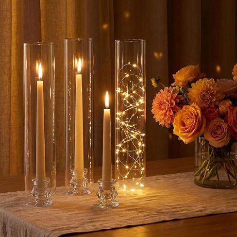 Hurricane Glass Candle Holders - Set of 20 Candlestick Holders for Taper Candles, Clear Candle Holder Bulk with 12" Tall Windproof Cylinder Cover for Festival Wedding Table Centerpiece Party Decor in Saudi Arabia