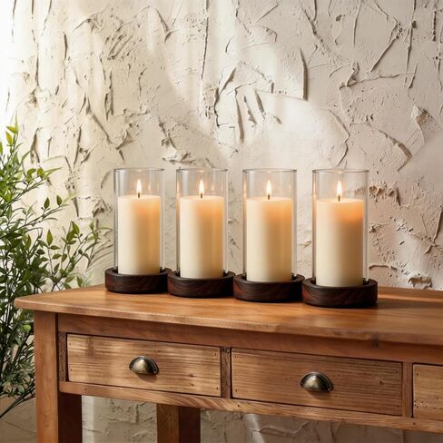 Ronasip Set of 4 Hurricane Candle Holders - 4.6x7.8 Inch Rustic Wooden Base with Glass Cylinder, Brown Pillar Candle Holders for Wedding Centerpieces, Home Decor, Table & Mantel Decorations in Saudi Arabia
