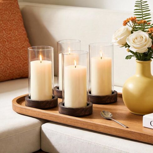 Ronasip Set of 4 Hurricane Candle Holders - 4.6x7.8 Inch Rustic Wooden Base with Glass Cylinder, Brown Pillar Candle Holders for Wedding Centerpieces, Home Decor, Table & Mantel Decorations in Saudi Arabia