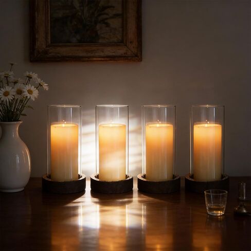 Ronasip Set of 4 Hurricane Candle Holders - 4.6x7.8 Inch Rustic Wooden Base with Glass Cylinder, Brown Pillar Candle Holders for Wedding Centerpieces, Home Decor, Table & Mantel Decorations in Saudi Arabia