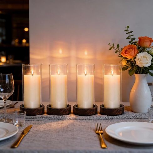 Ronasip Set of 4 Hurricane Candle Holders - 4.6x7.8 Inch Rustic Wooden Base with Glass Cylinder, Brown Pillar Candle Holders for Wedding Centerpieces, Home Decor, Table & Mantel Decorations in Saudi Arabia