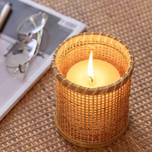 Rattan Woven Hurricane Glass Candle Holders,Cane Wrapped Sleeve Flower Vase Decorative Votive Candleholder for Pillar Candles,Rustic Boho Tea Light Candle Holder for Centerpiece Table Wedding Decor ( in Kuwait