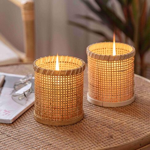 Rattan Woven Hurricane Glass Candle Holders,Cane Wrapped Sleeve Flower Vase Decorative Votive Candleholder for Pillar Candles,Rustic Boho Tea Light Candle Holder for Centerpiece Table Wedding Decor ( in Kuwait