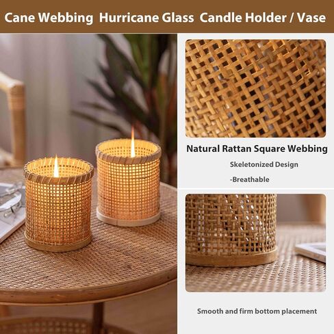Rattan Woven Hurricane Glass Candle Holders,Cane Wrapped Sleeve Flower Vase Decorative Votive Candleholder for Pillar Candles,Rustic Boho Tea Light Candle Holder for Centerpiece Table Wedding Decor ( in Kuwait