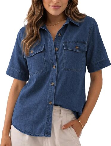 Denim Shirt Women Short Sleeve Button Down Jean Shirt Casual Denim Top with Pockets in Saudi Arabia