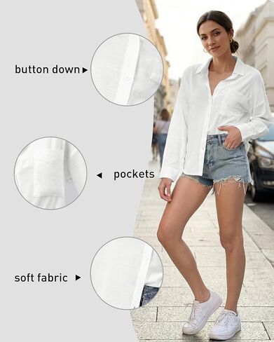 JEKAOYI Womens Button Down Shirts Long Sleeve Linen Casual Collared Blouses Loose Fit in Kuwait