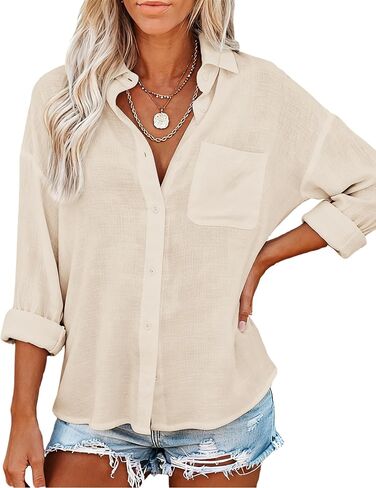 JEKAOYI Womens Button Down Shirts Long Sleeve Linen Casual Collared Blouses Loose Fit in Kuwait