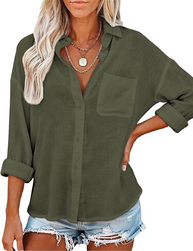 JEKAOYI Womens Button Down Shirts Long Sleeve Linen Casual Collared Blouses Loose Fit in Kuwait