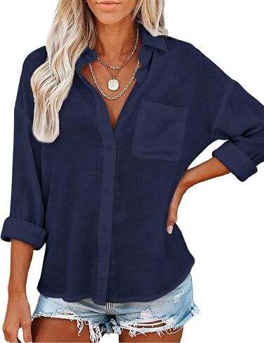 JEKAOYI Womens Button Down Shirts Long Sleeve Linen Casual Collared Blouses Loose Fit in Kuwait