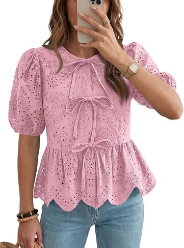 LILLUSORY Womens Spring Embroidered Short Puff Sleeve Peplum Tops Summer Babydoll Tie Front Eyelet Cute Blouses Beach 2026 in Kuwait