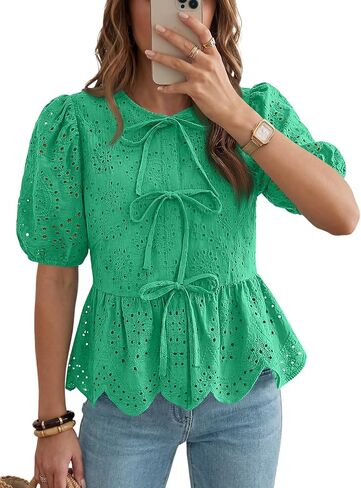 LILLUSORY Womens Spring Embroidered Short Puff Sleeve Peplum Tops Summer Babydoll Tie Front Eyelet Cute Blouses Beach 2026 in Kuwait