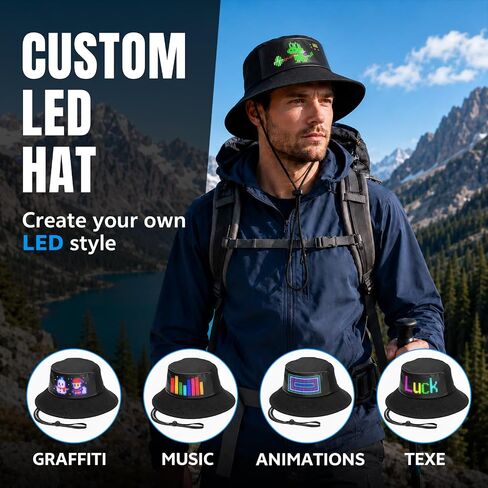 Rayhome LED Bucket Hat, Bluetooth Rechargeable LED Sun Hats with Spare Battery, Full Color APP Control Display Fishing Hat, Custom Text Patterns Animations Boonie Hat for Party Hiking Climbing in Saudi Arabia