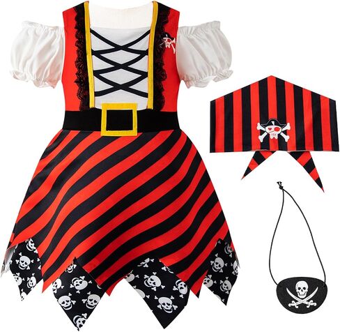 Baby Girls Pirate Costume Kids Pirate Hat Eye Patch Role Play Girls Outfit Halloween Dress Up in Saudi Arabia