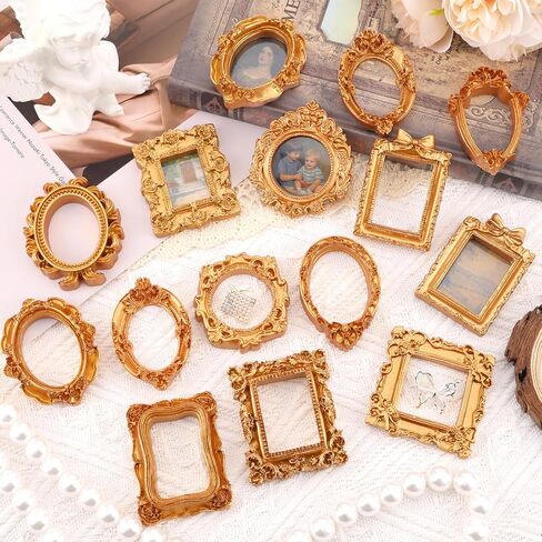 12 Pcs Mini Gold Magnetic Picture Frames, 2 Inch Vintage Tiny Photo Frame for DIY Mini Gold Photo Frames Silhouette Box Jewelry Wall Hanging Decor Fridge Magnet Display Dollhouse Creative Gift in Saudi Arabia