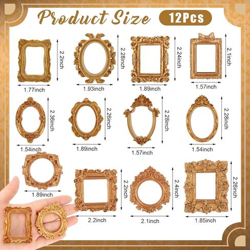 12 Pcs Mini Gold Magnetic Picture Frames, 2 Inch Vintage Tiny Photo Frame for DIY Mini Gold Photo Frames Silhouette Box Jewelry Wall Hanging Decor Fridge Magnet Display Dollhouse Creative Gift in Saudi Arabia