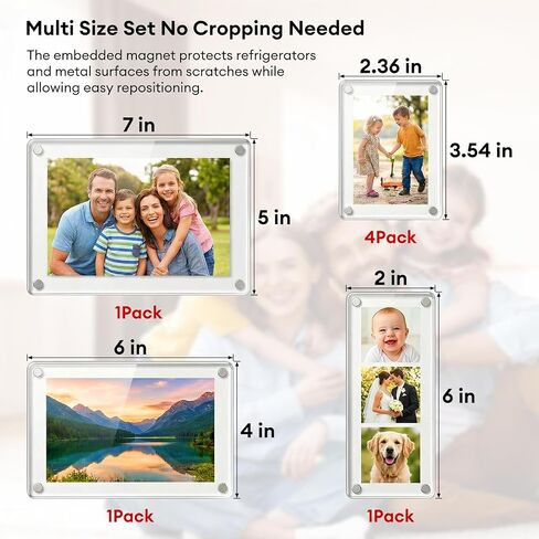 Multi Size 7 Pack Acrylic Magnetic Picture Frames Set for Refrigerator, Clear Double Sided Acrylic Fridge Magnetic Photo Frame, 2.36x3.54, 2x6, 4x6, 5x7 in Kuwait